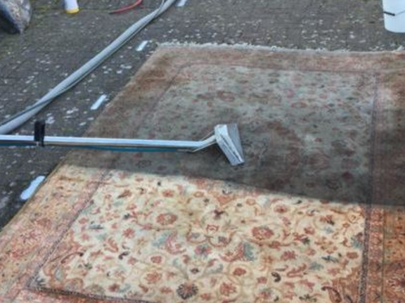 This is a photo of a floral rug that is being steam cleaned. The bottom half has been completed and the top half is being done works carried out by St Paul's Cray Carpet Cleaning